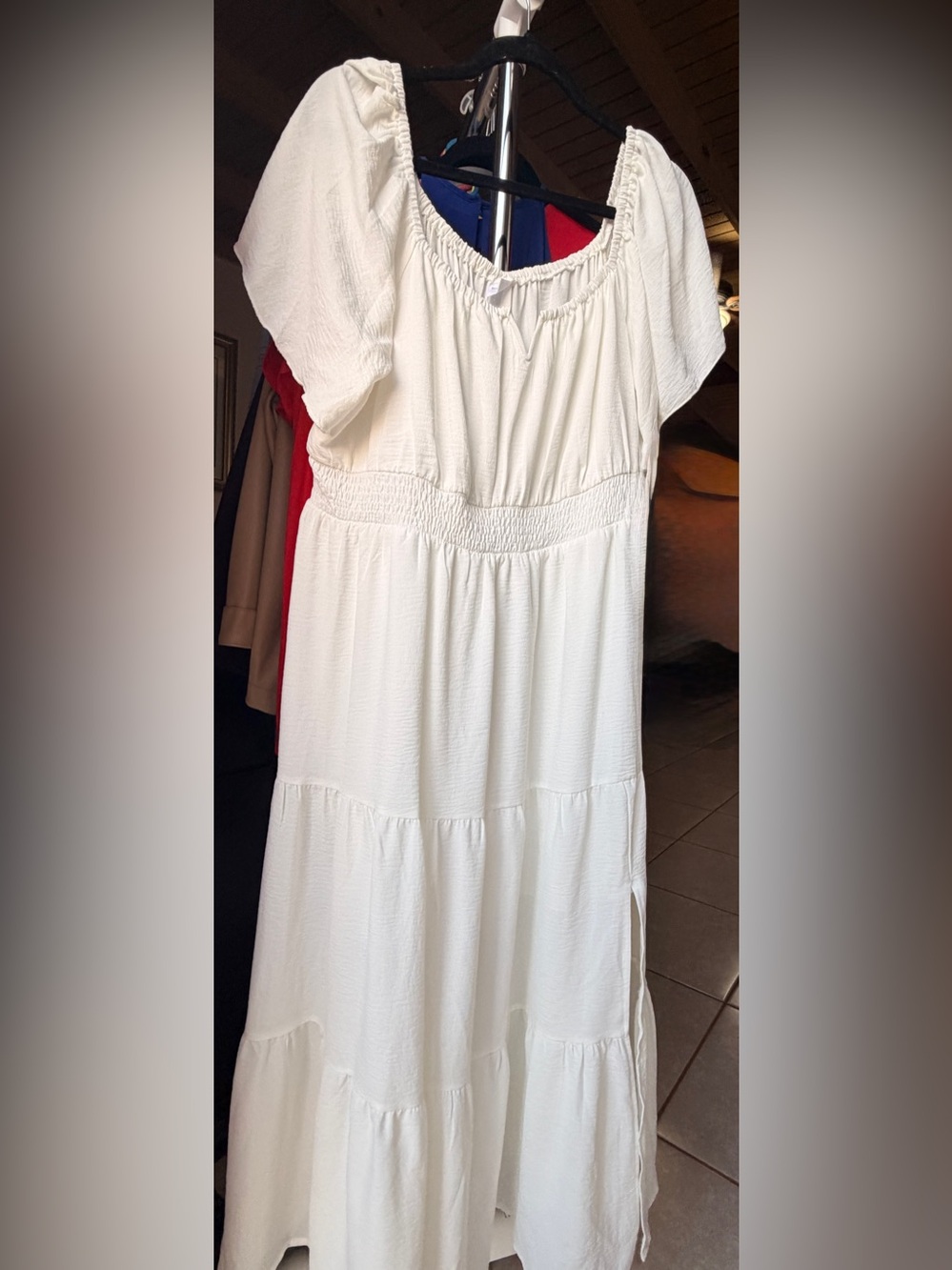 Women's White Tiered Maxi Dress with Smocked Waist